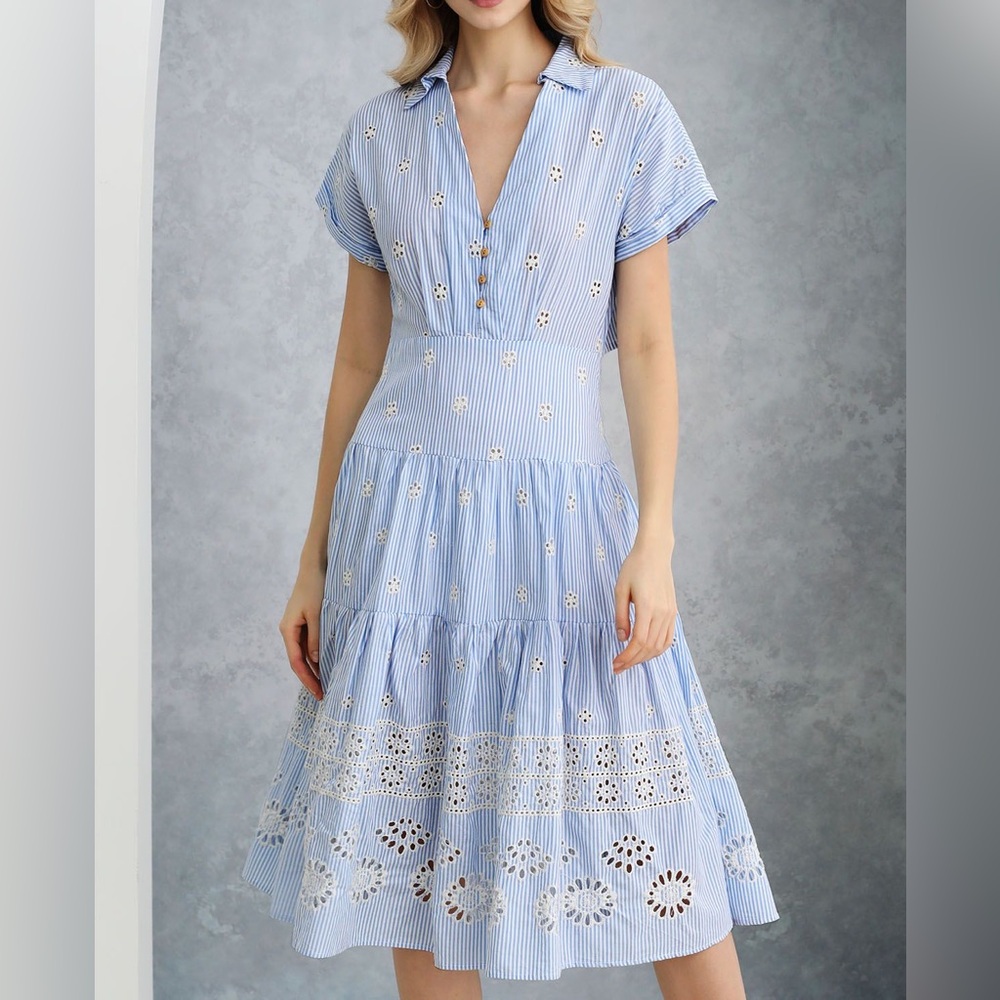 Blue Striped Eyelet Dress NWT - Picture 2 of 10